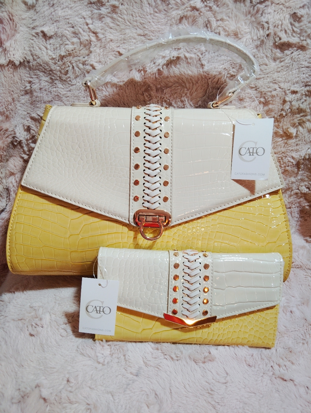 NWTS!! Cato Yellow and Cream Croc-Embossed Satchel with Matching Wallet